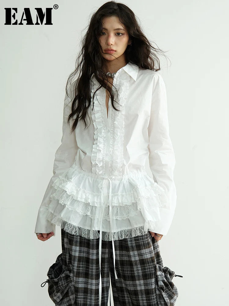 Blouse – Lace Ruffles – Jersey – White | KIMLUD