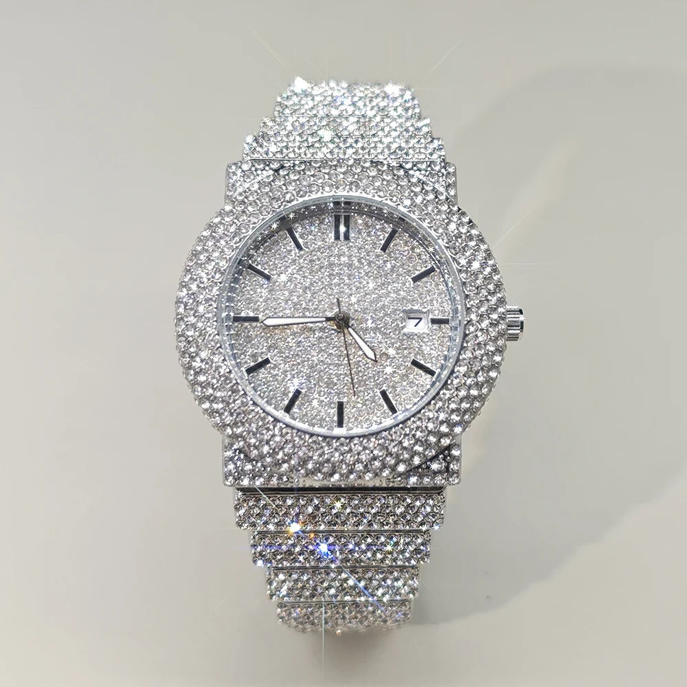 Hot New Luxury Watches For Men Full Diamond Iced Hip Hop Stylish Quartz Watch For Male Waterproof Calendar Men's Wristwatches