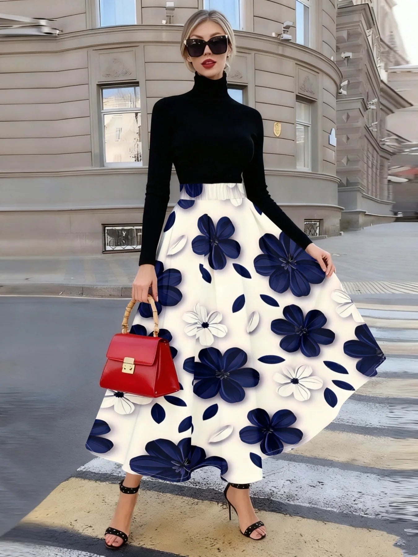 Skirt – Floral Print – Polyester – Ankle Length – Blue White | KIMLUD