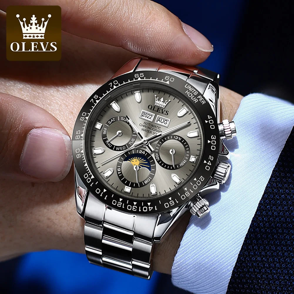 OLEVS 6654 Automatic Watches Waterproof Stainless Steel Luminous Moon Phase Dual Calendar Luxury Brand Mechanical Watch for Men