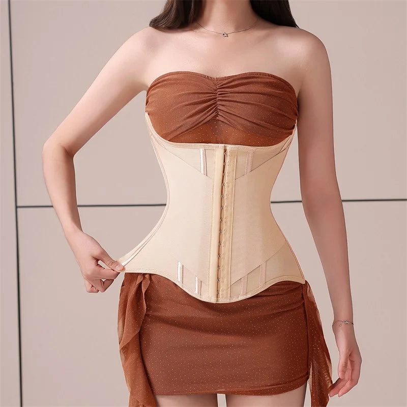 U-Shaped Steel Boned Waist Trainer Corset Buttoned Closure — Beige | KIMLUD