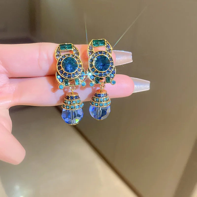Crystal Water Drop Clip Earrings Round Rhinestones — Vintage Blue | KIMLUD