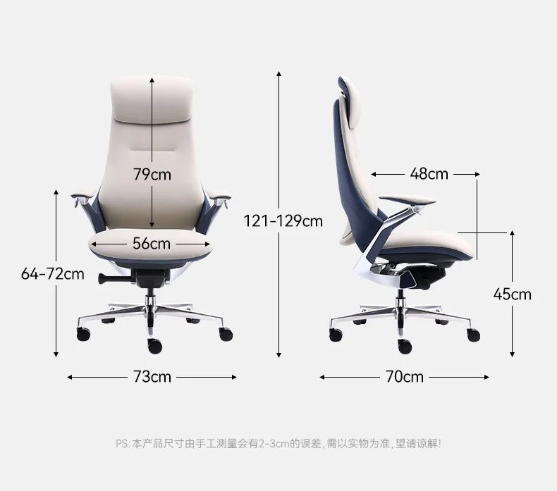 Close-up of a modern office chair showing the backrest, armrest, and seat in navy blue and light beige upholstery with a glossy silver metal frame.
