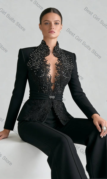 Cotton Beaded Appliqued Two Piece Suit — Black | KIMLUD