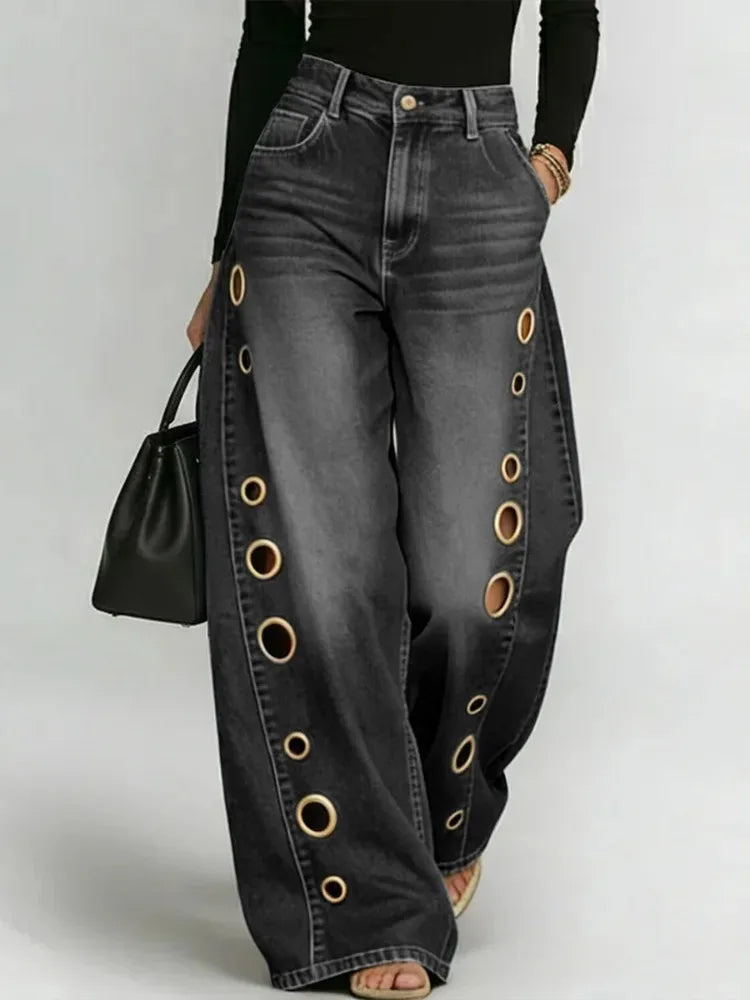 Women's Washed Blue High-Waist Metal Grommet Wide Leg Jeans 2026 Casual Loose Fit Streetwear Pants Casual Trousers