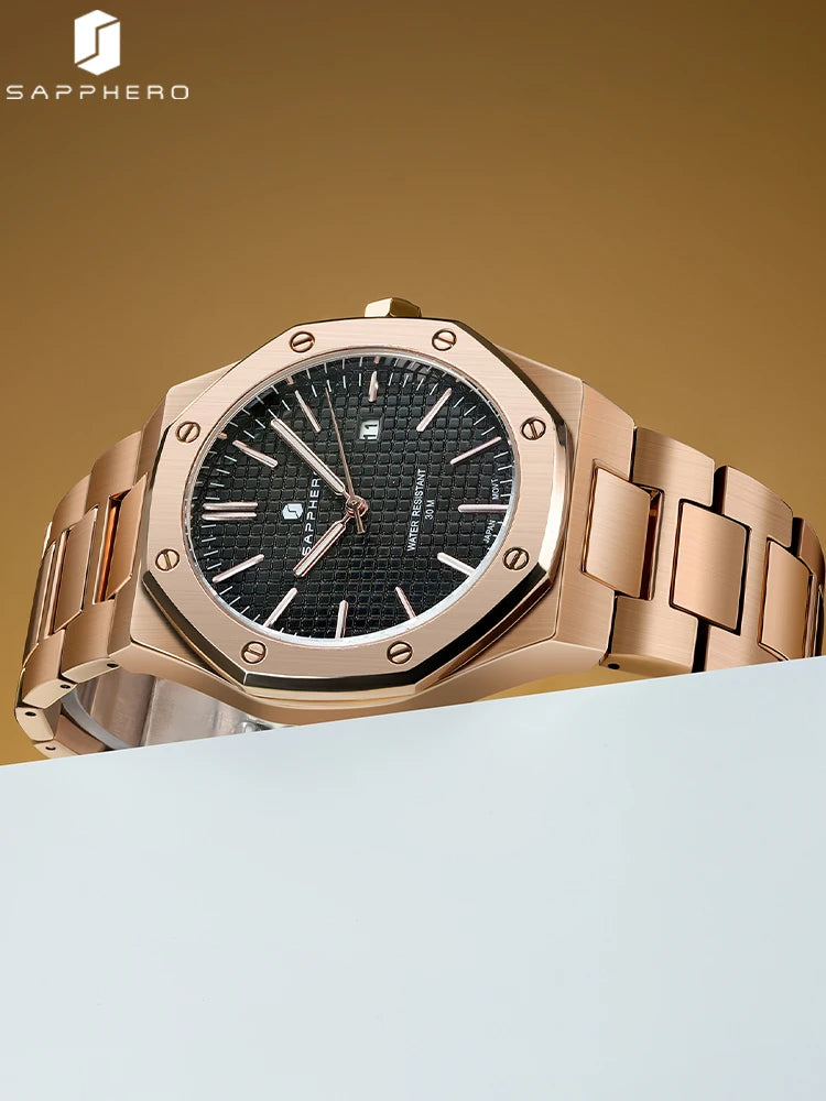SAPPHERO Rose gold Men watches 30M waterproof stainless steels watches Quartz Watch  Men Business Fashion watches for men watche