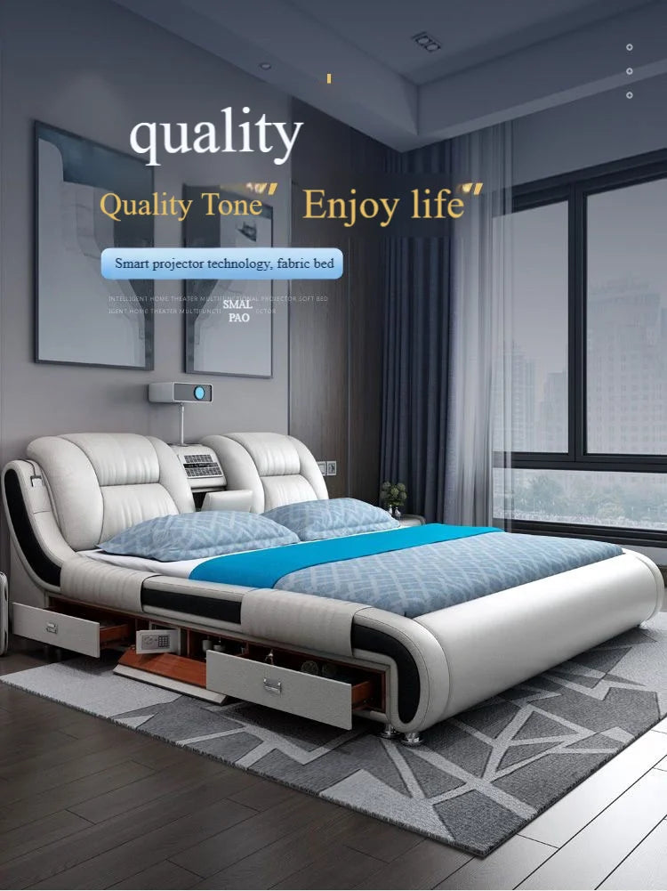 Genuine Leather Upholstered King Size Bed With Massage — Custom Color | KIMLUD