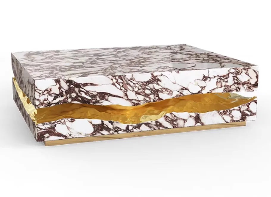 Italian Luxury Freeform Coffee Table w/ Metal Base -Designer Marble Top & Waterproof Surface for Villa Mansion Living Room Decor