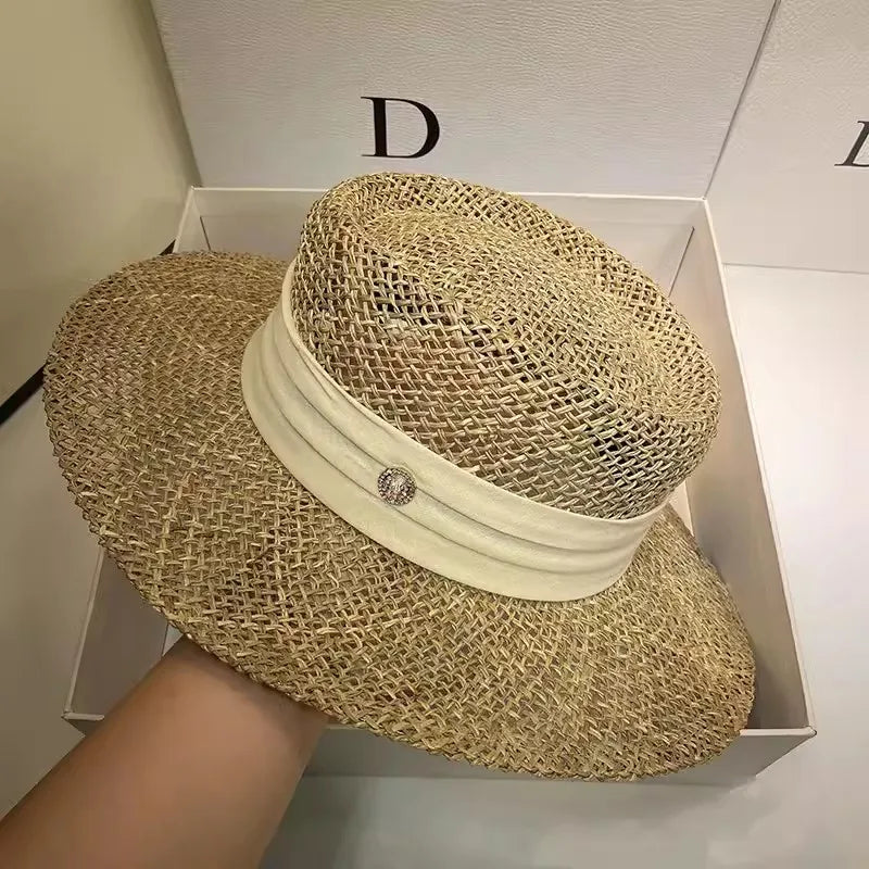 Ribbon Boater Straw Hat Sun Protection — Natural | KIMLUD
