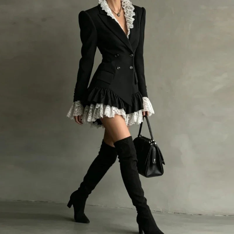 Blazer Dress – Double Breasted Lace Trim – Polyester | KIMLUD