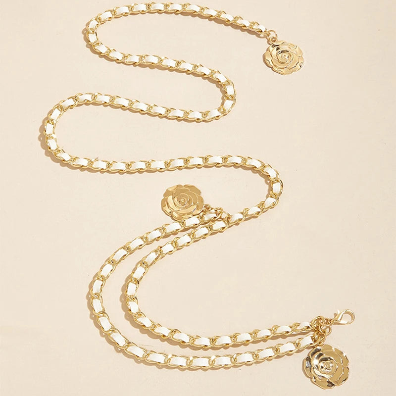Metal Waist Chain Belt With Circular Flower Pendant And Fine Chain Strap — Gold | KIMLUD