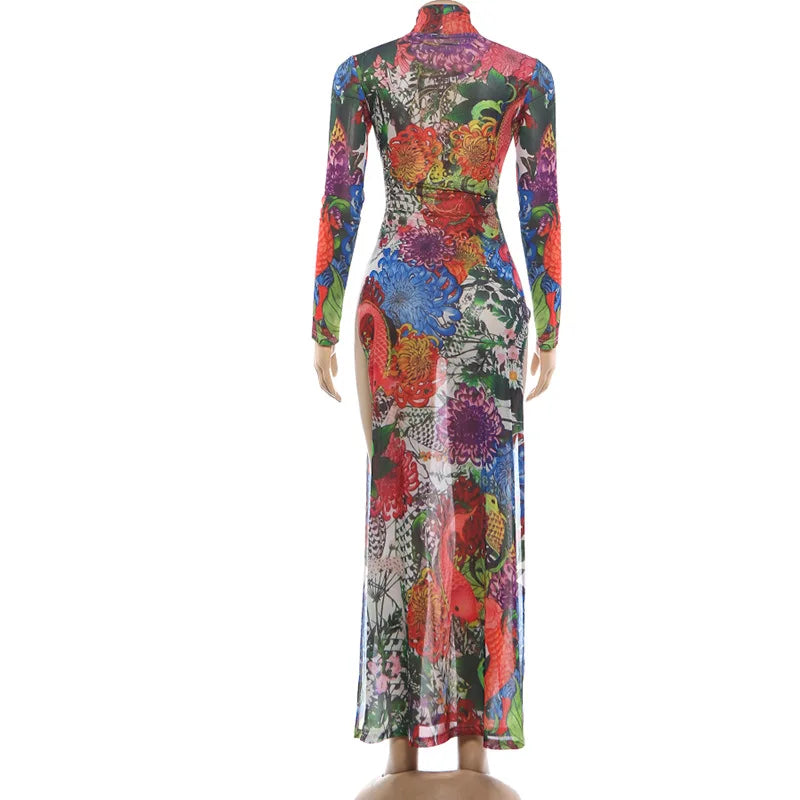 Mesh Maxi Top With High Collar Plant Print Open Split And Sheer Overlay — Black | KIMLUD