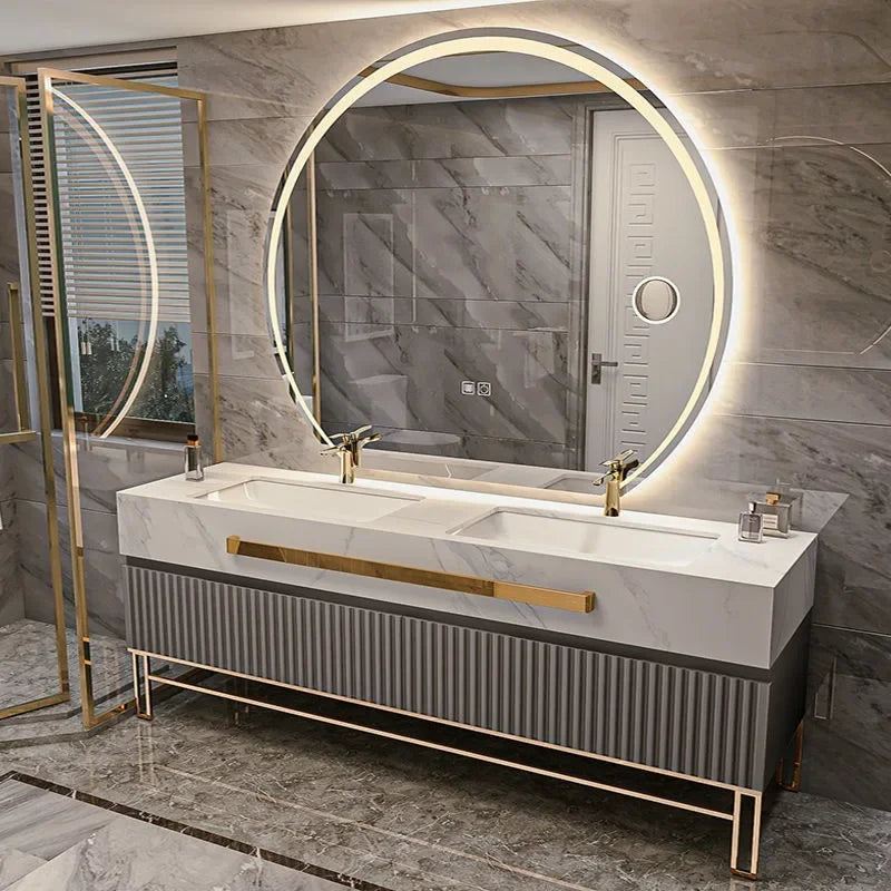 Oak Vanity Cabinet With Rock Slab LED Lighting — Grey | KIMLUD