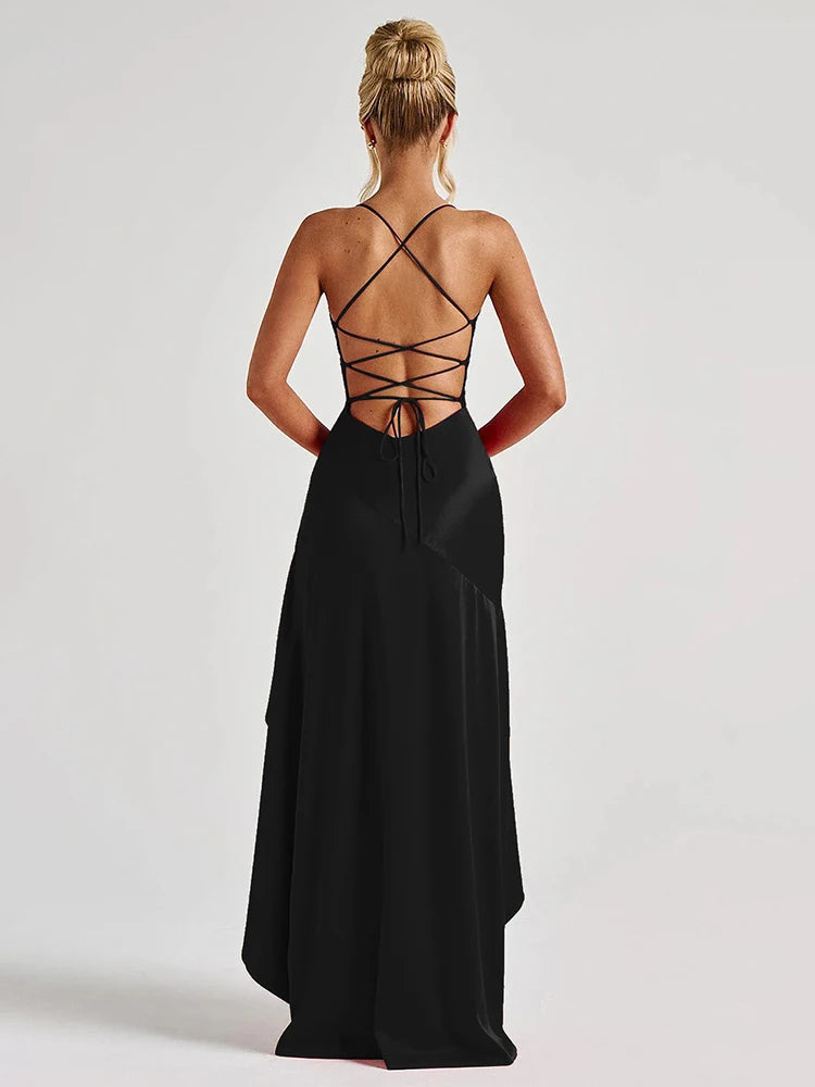 VC Elegant Black Satin Maxi Dress with Crisscross Spaghetti Straps and High Slit Ruffled Hem for High - Profile Occasions