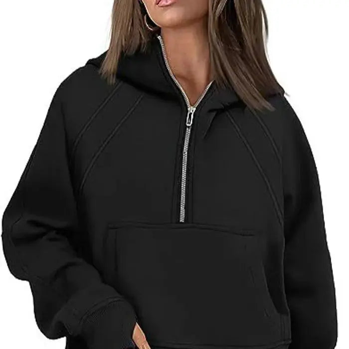 Plush Sweater Half-Zip Hooded Knit With Cozy Thermal Lining And Soft Handfeel — Black | KIMLUD