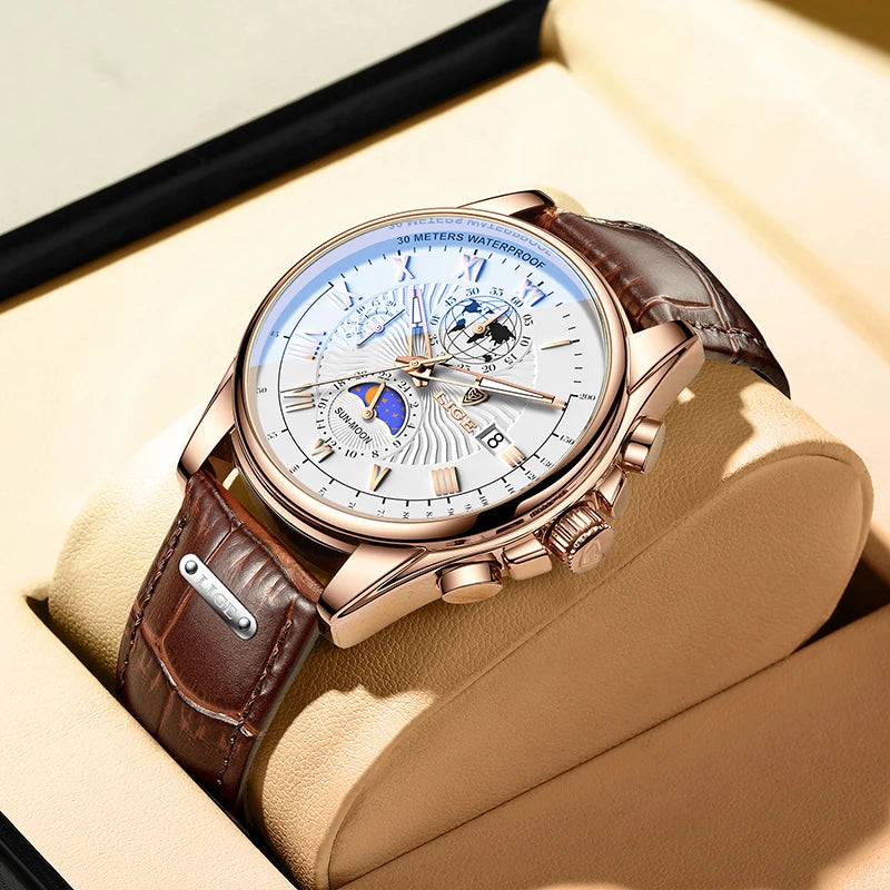 2024 LIGE New Blue Leather Mens Watches Top Brand Luxury Waterproof Watch For Men Sport Date Quartz Wristwatch Relogio Masculino