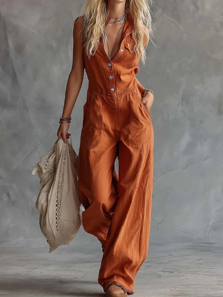 Women Summer Sleeveless Patchwork Jumpsuit Wide Leg Pants Playsuit Chic Bodysuit Button Detail Holiday Fashion Simple Design New