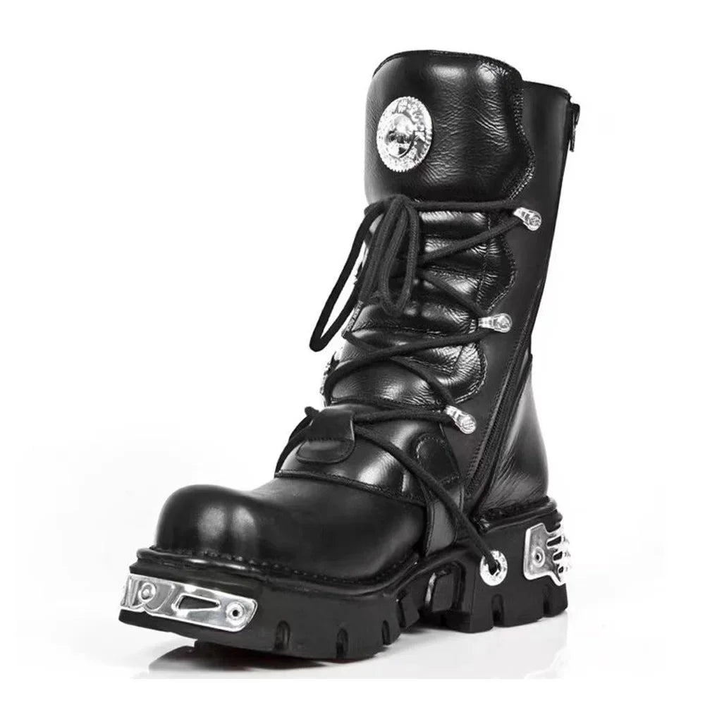 Genuine Leather Motorcycle Boots Goth Skull Embellishment With Metal Hardware — Black | KIMLUD
