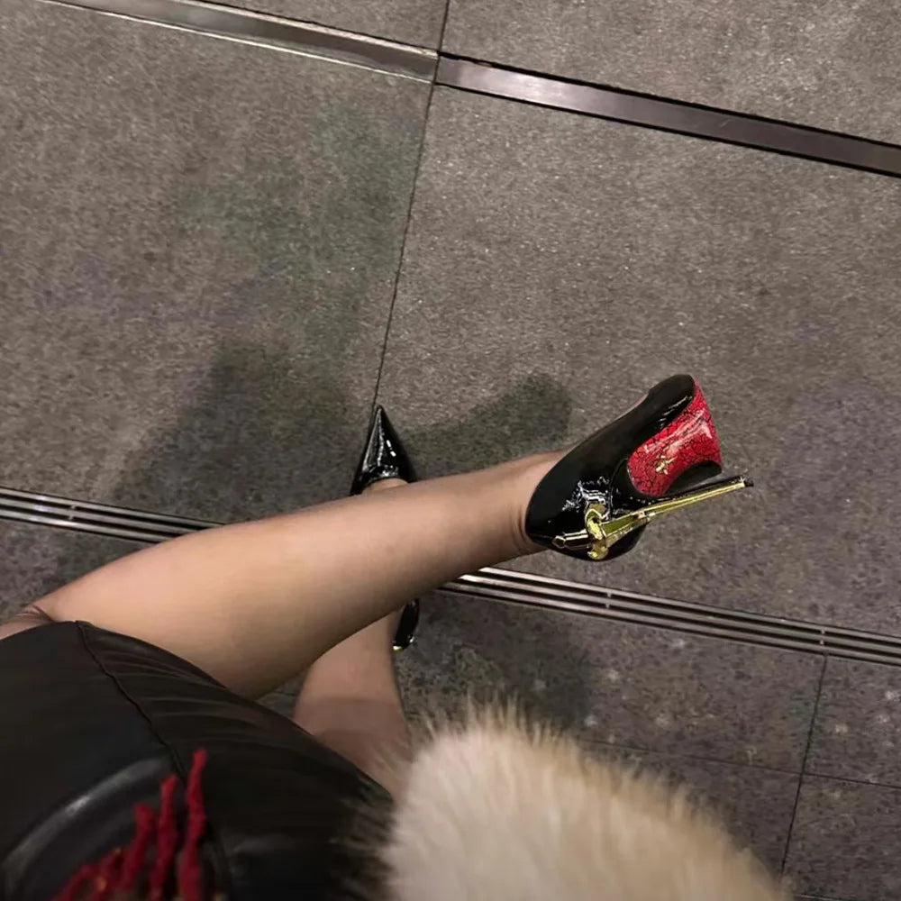 Super Fiber Leather High Heels Power-Sword Snake-Patterned — Red | KIMLUD