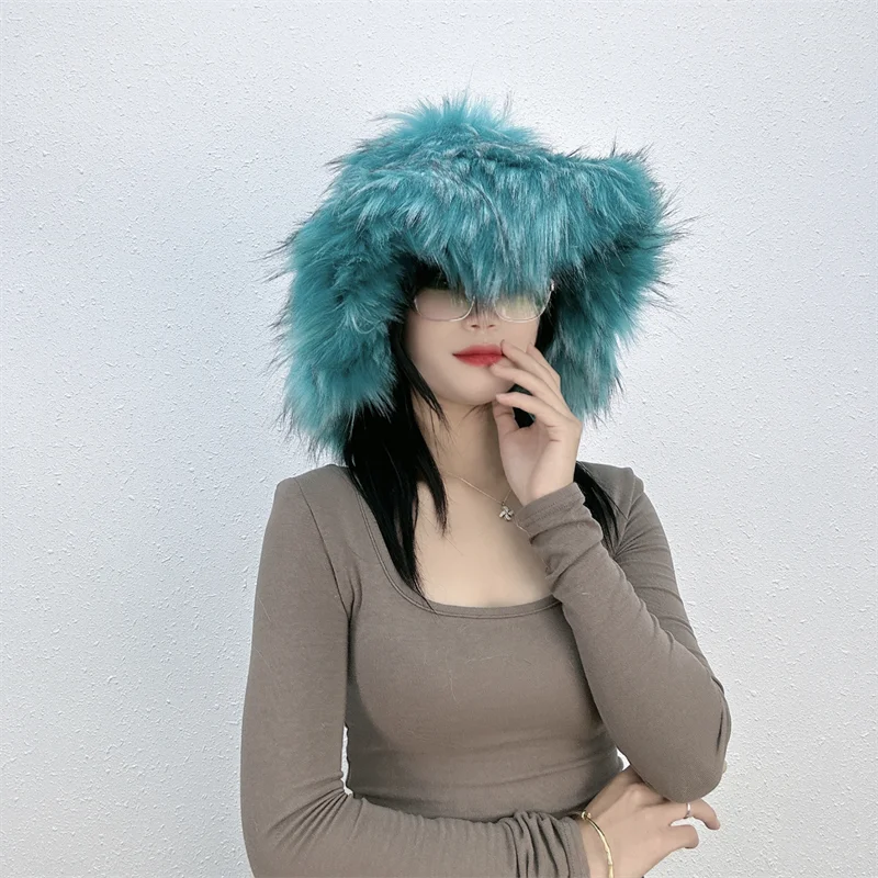 Winter Women Faux Fur Bucket Hat Warm Raccoon Fur Hat Oversize Outdoor Punk Hat Girl Fashion Long Fur Bucket Hat Furry Cute Cap - KIMLUD