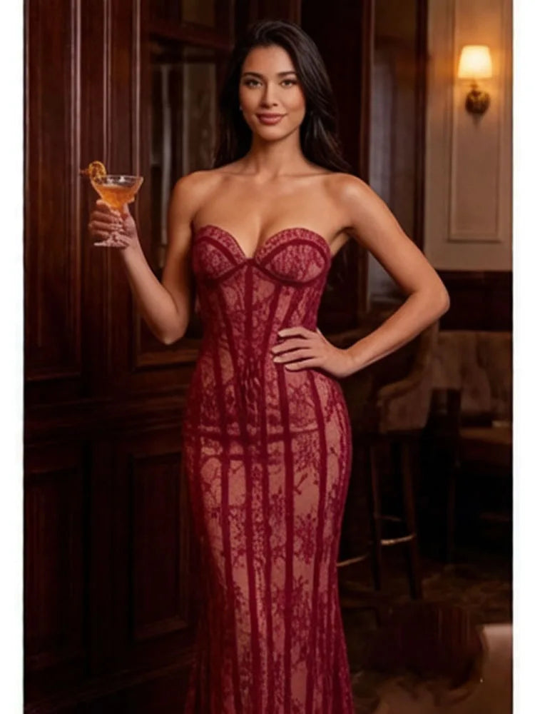 Evening Dress – Lace Decoration – Polyester – Wine Red | KIMLUD