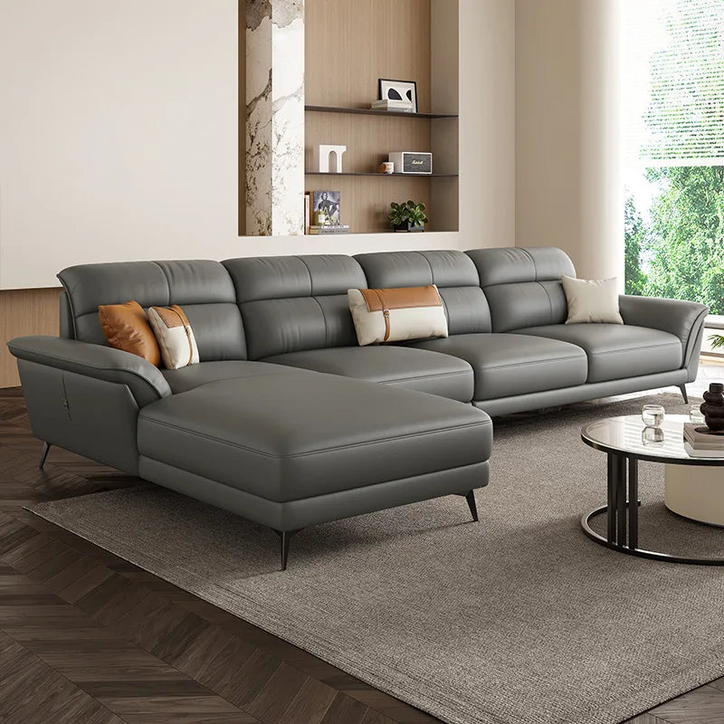 Leather Sculpted Modern L-Shaped Sofa — Black | KIMLUD