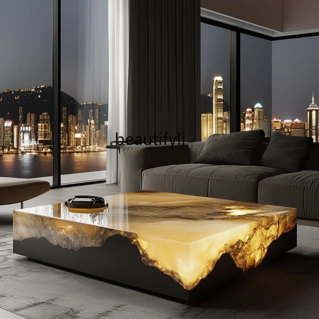 G53 Square luminous jade coffee table leather light luxury minimalist style living room luxury stone natural marble