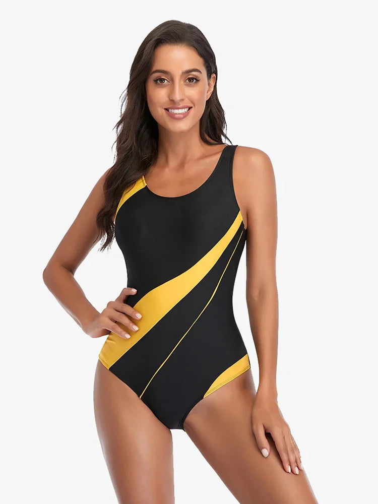 Racerback One-Piece Swimsuit With Azure Panels — Navy | KIMLUD