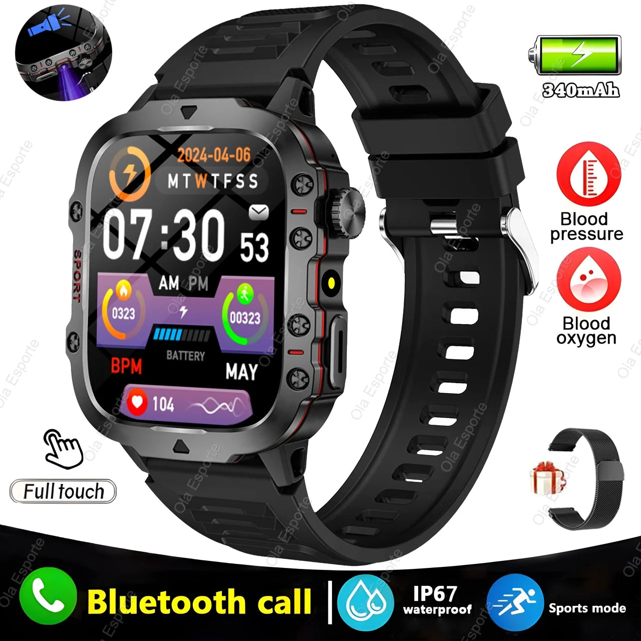 Rugged Military Fitness Smart Watch Men For Android IOS IP67 Waterproof Health Monitor Sport Ai Voice Calling Smartwatch Outdoor