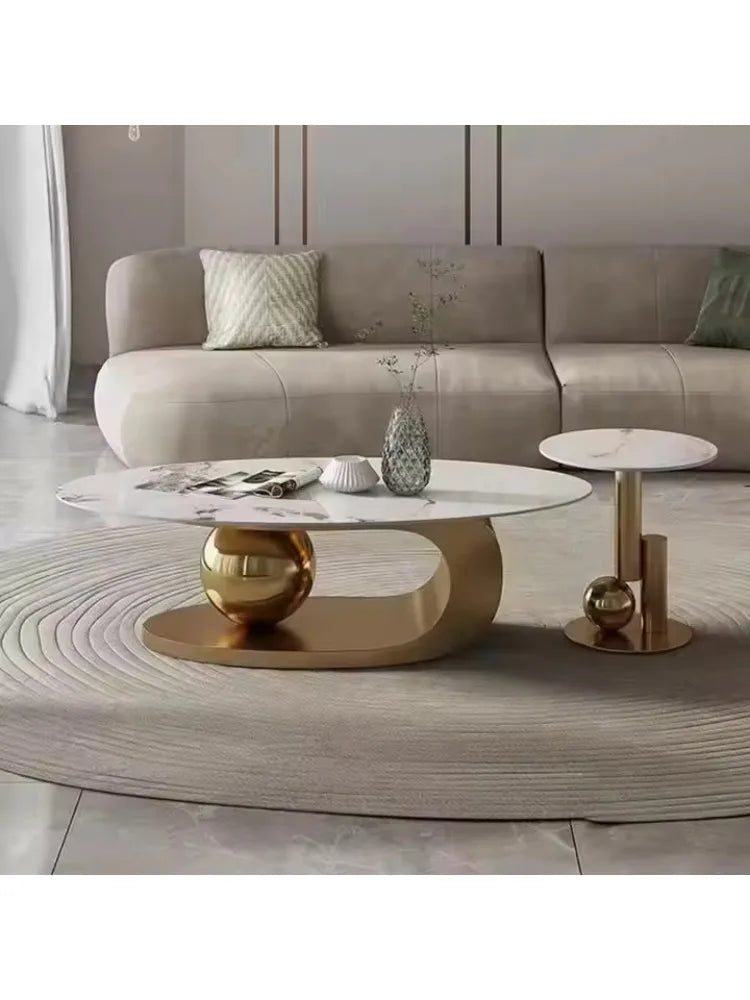 Gold Oval Coffee Table Sintered Stone Marble Top — Gold-Tone | KIMLUD
