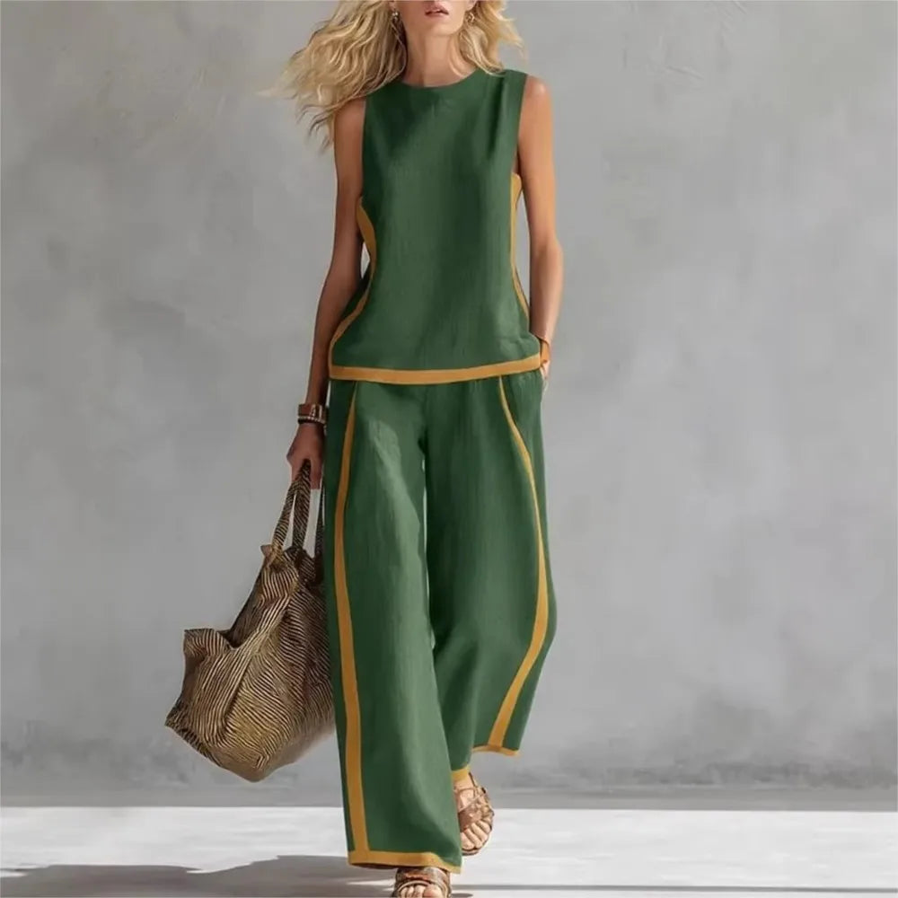 Two Piece Set – Striped Splicing – Synthetic Fiber | KIMLUD