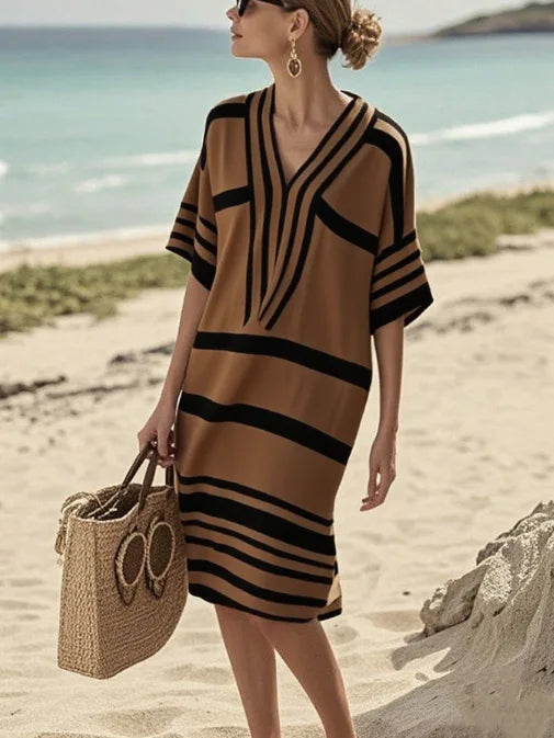 2025 New Vintage Stripe Print Midi Dress Summer Casual Short Sleeve V Neck Vacation Dress For Woman Spring Loose Commute Dresses