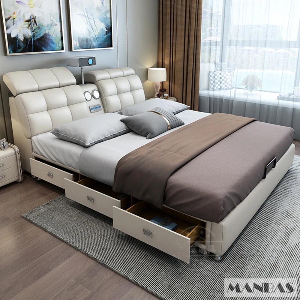 Genuine Leather Bed Frame Smart Multifunctional Tech — Ivory | KIMLUD