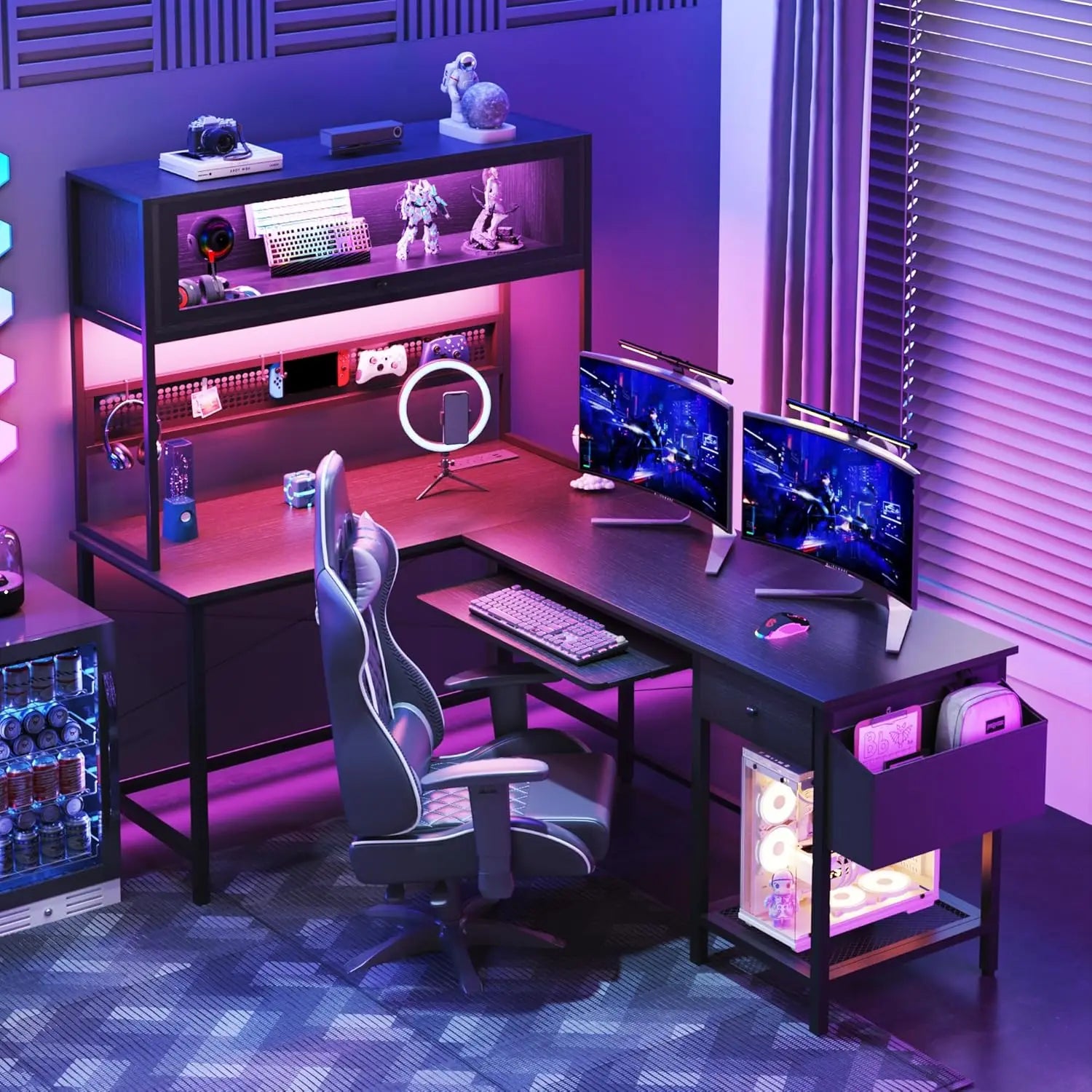 L Shaped Gaming Desk with Power Outlets & LED Lights, 49'' Reversible Computer Desk with Hutch & Pegboard & Display Cabinet