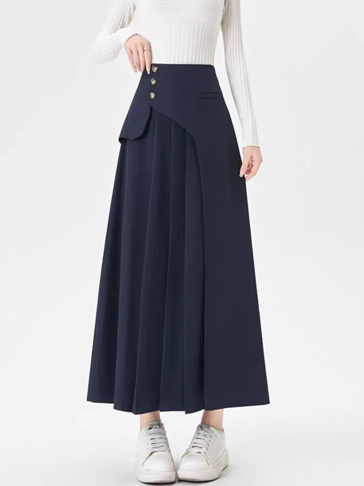 Grey Suiting Midi Skirts for Women High-Waisted A-Line Flare Skirt Perfect Hip-Camouflage Office Skirt for Autumn