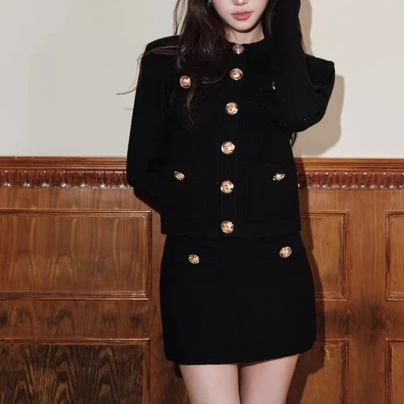 KIMLUD, 2025 New Autumn Winter Golden Buckle Knitted Two-piece Sets Women's Korean Fashion Round Neck Long Sleeve Slim Fit Skirt Suits, KIMLUD Womens Clothes