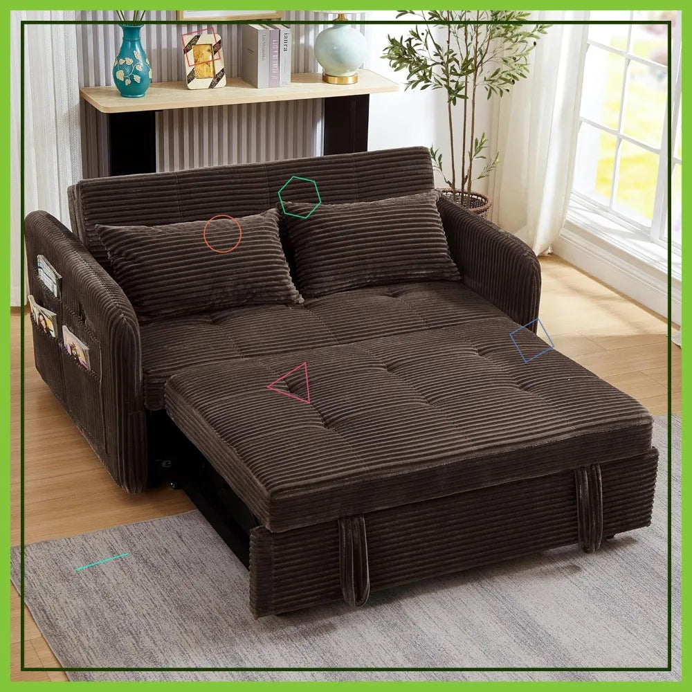 55.5" Corduroy Convertible Sofa Bed, Pull Out Sleeper with USB Ports, 3-in-1 Loveseat for Living Room, Apartment