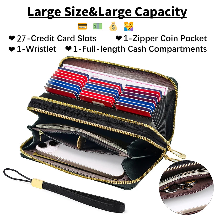 PU Leather RFID Anti-Theft Long Wallet Dual Zippers — Black | KIMLUD