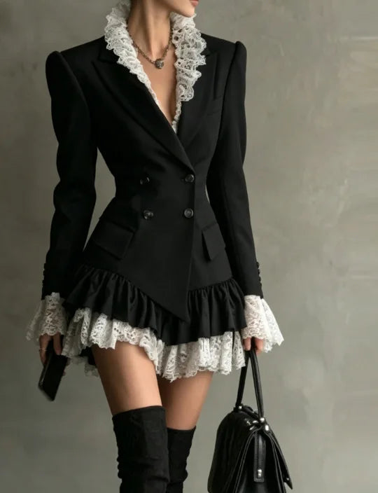 Mini Dress – Double Breasted Lapel – Lace Ruffle Silhouette – Polyester | KIMLUD