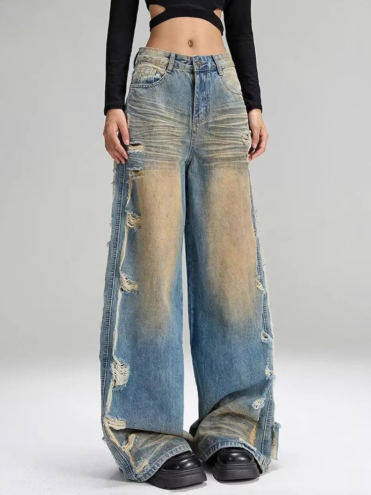 Jeans Ripped Tassel Wide Leg Denim — Blue | KIMLUD