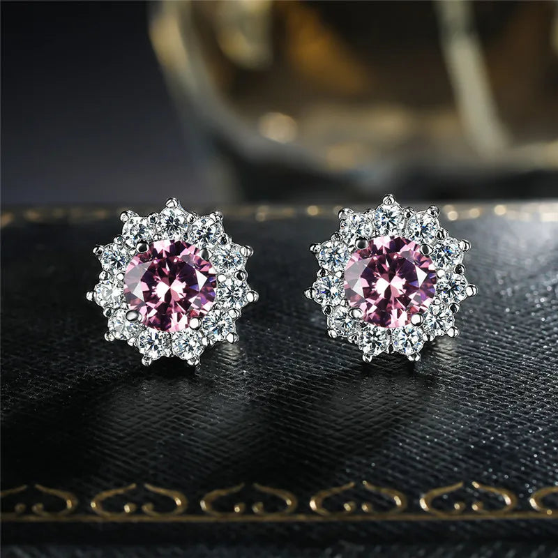 Copper Stud Earrings Round Cubic Zirconia — Water Blue | KIMLUD