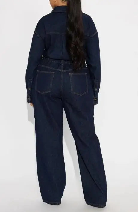 Denim Jumpsuit High Waist Pocket Turn-Down Collar — Deep Indigo | KIMLUD