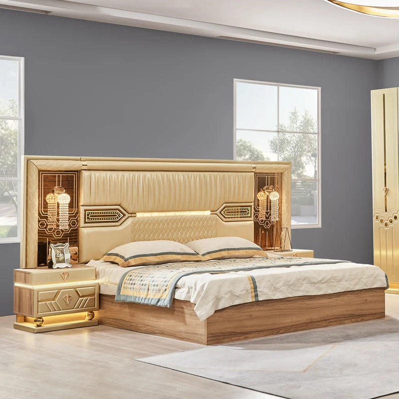 Design King Size Double Leather Bed Suite Master Room Full Set Luxury Wooden 5 Piece Home Furniture Bedroom Sets