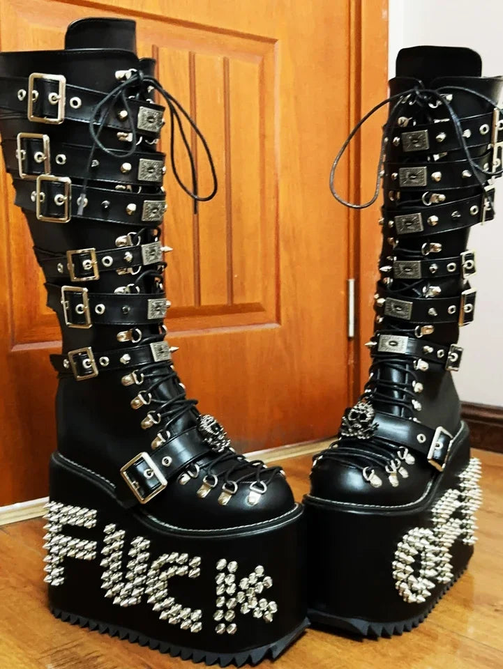 Knee-High Boots - Platform Studded - PU - Wedge Heel | KIMLUD