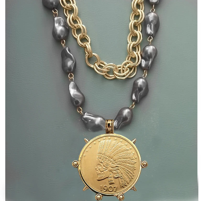 Choker Necklace - Coin Charm Pendant - Cubic Zirconia - Grey | KIMLUD