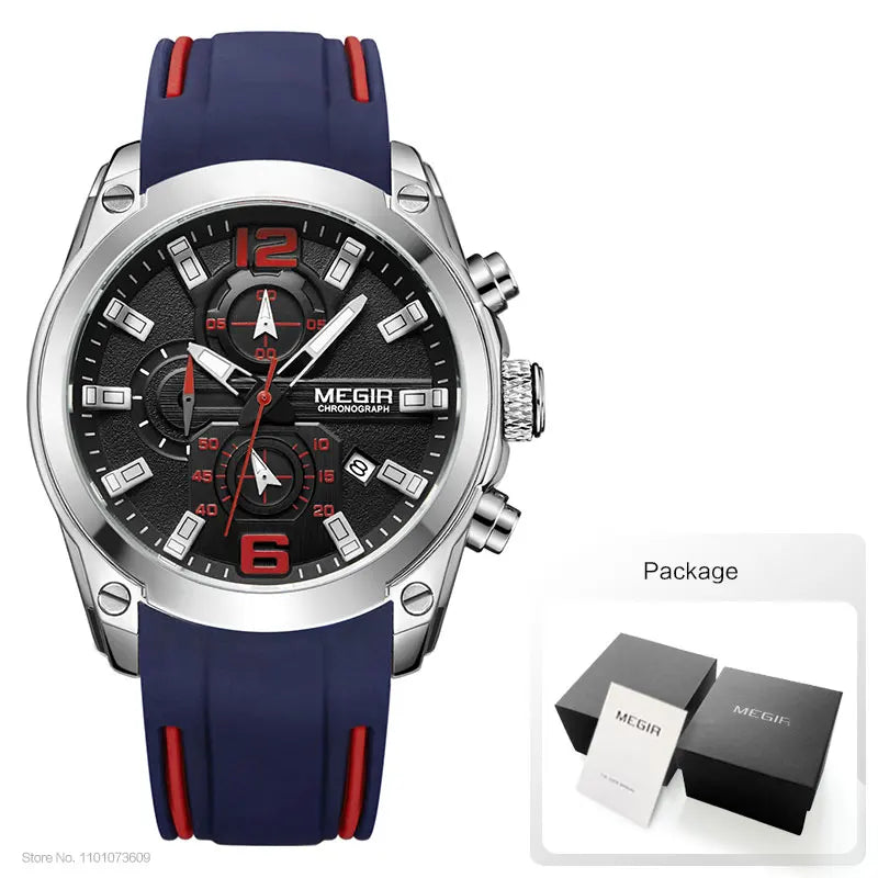 Megir Men's Chronograph Analog Quartz Watch with Date, Luminous Hands, Waterproof Silicone Rubber Strap Wristswatch for Man