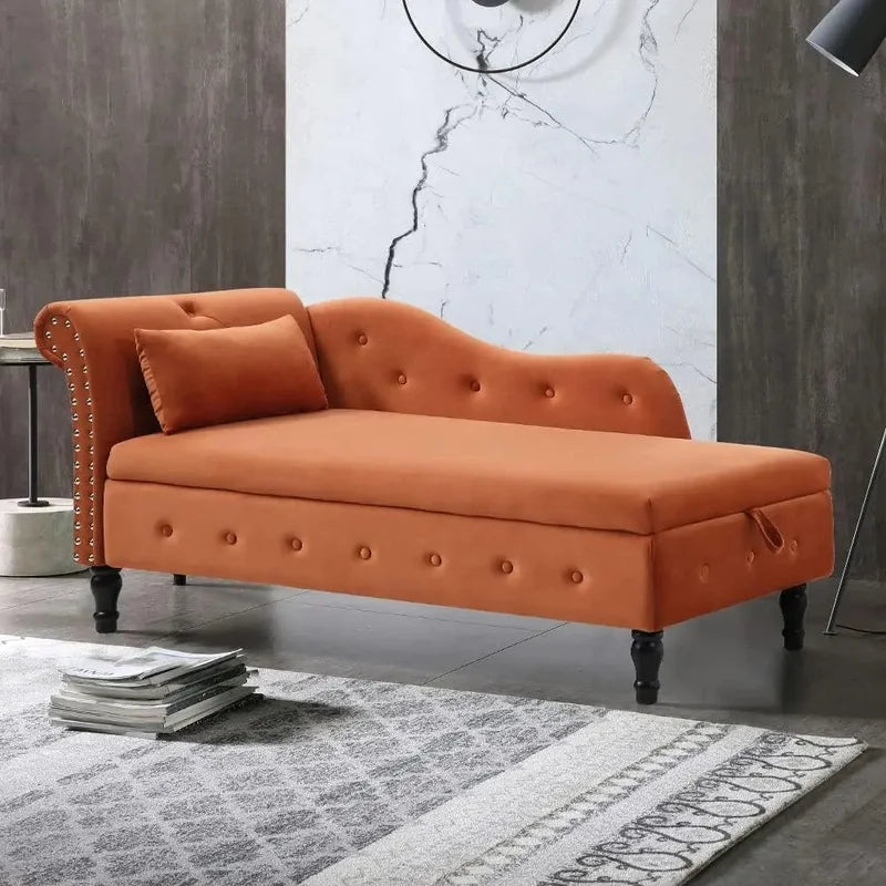 60.6" Velvet Tufted Indoor Storage Chaise Lounge Chair, Right Arm Rolled Arm Design with Hidden Storage Space
