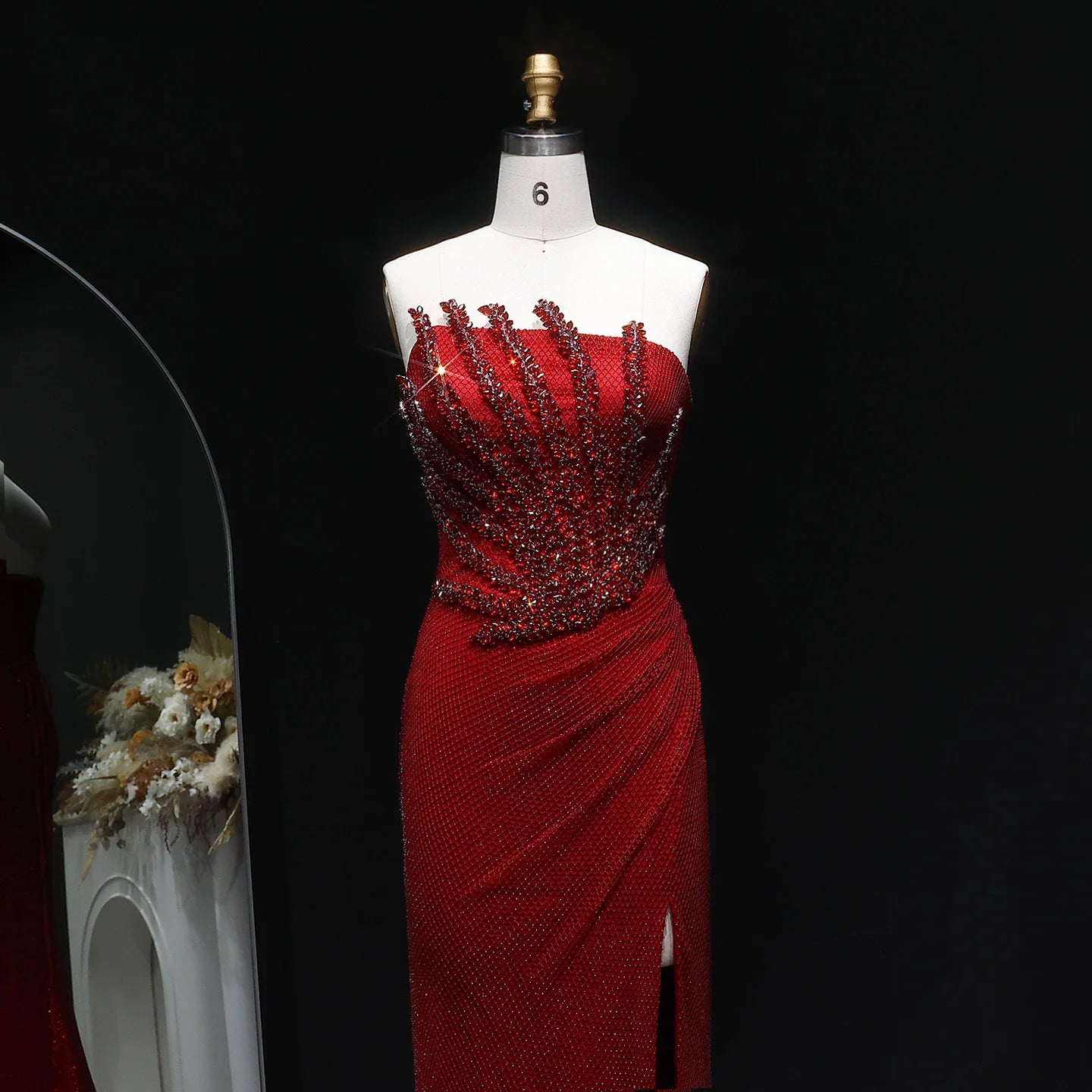 Crystal Beaded Mermaid Evening Dress With Slit — Caramel | KIMLUD