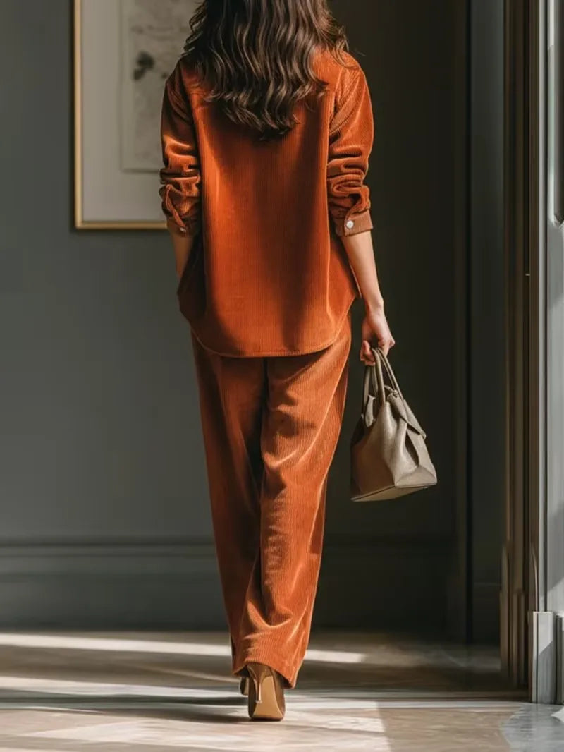 Corduroy Two-Piece Set With Wide-Leg Pants — Burnt Orange | KIMLUD