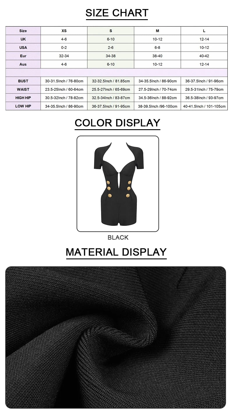 VC 2024 Summer New Women's Black Structured Romper Cut Out Short Sleeves Gold Button Details Bandage Bodycon Short Jumpsuit